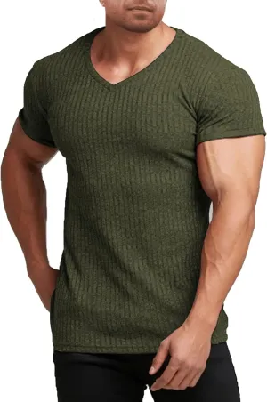 COOFANDY Men's Muscle T Shirts Stretch Short Sleeve V Neck Bodybuilding Workout Tee Shirts Ribbed Knit Shirt