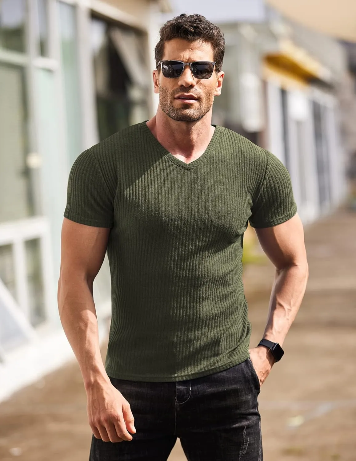 COOFANDY Men's Muscle T Shirts Stretch Short Sleeve V Neck Bodybuilding Workout Tee Shirts Ribbed Knit Shirt