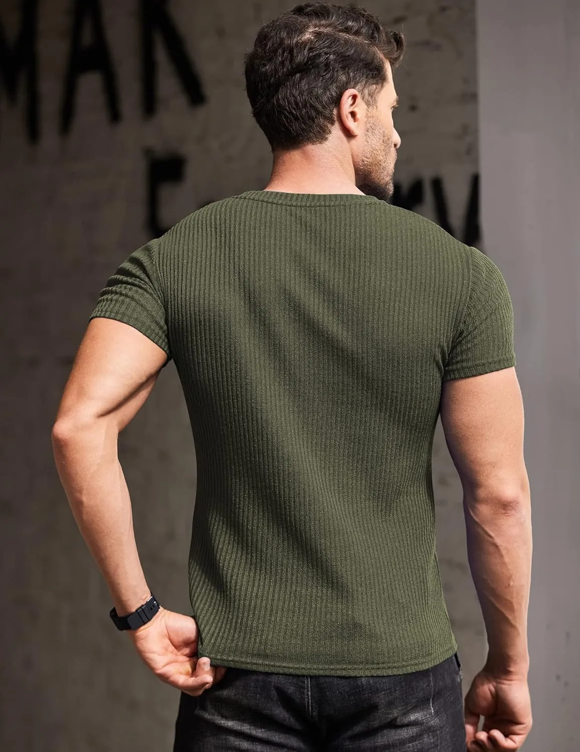 COOFANDY Men's Muscle T Shirts Stretch Short Sleeve V Neck Bodybuilding Workout Tee Shirts Ribbed Knit Shirt