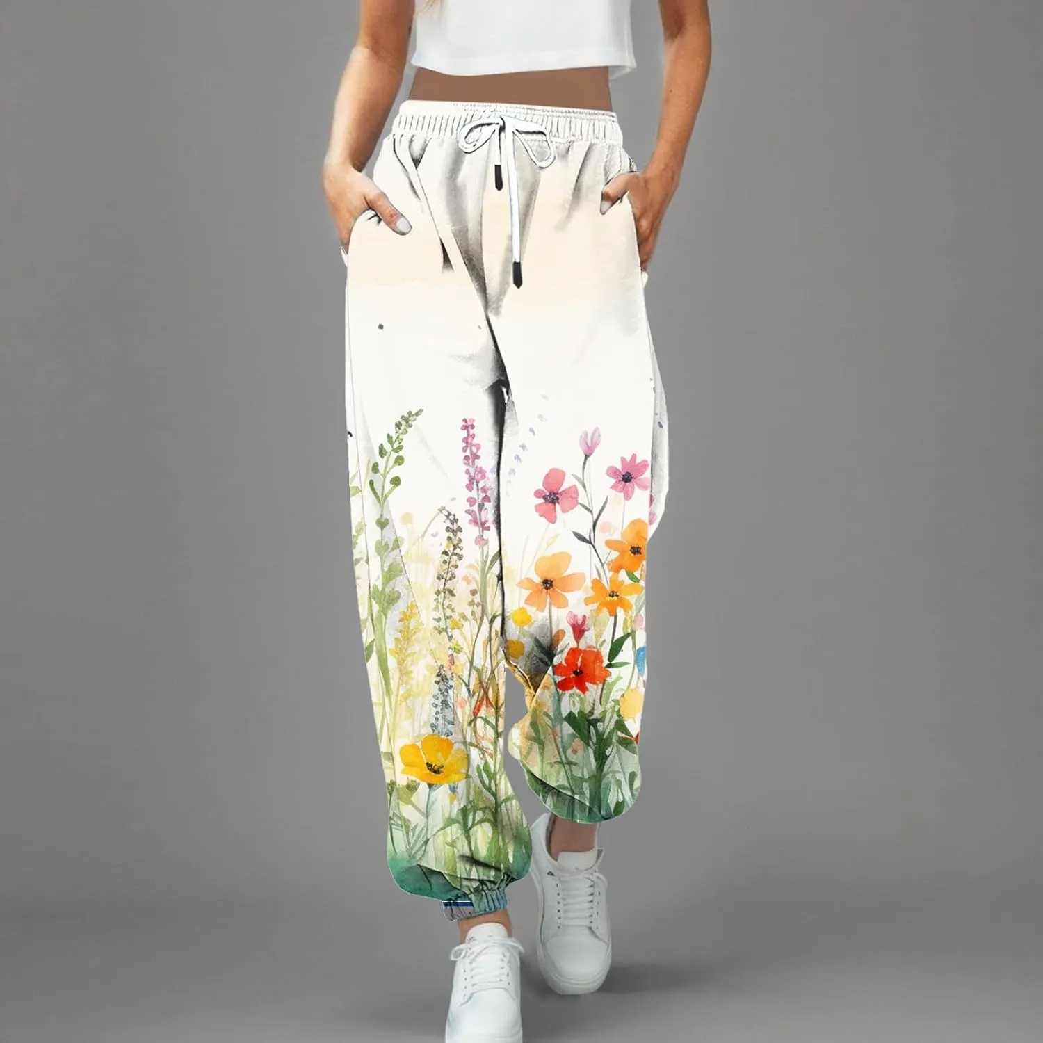 cooki Sweatpants Women Baggy Cinch Bottom Drawstring Elastic Waist Pants Athletic Joggers Mid Waist Print Black Sweatpants