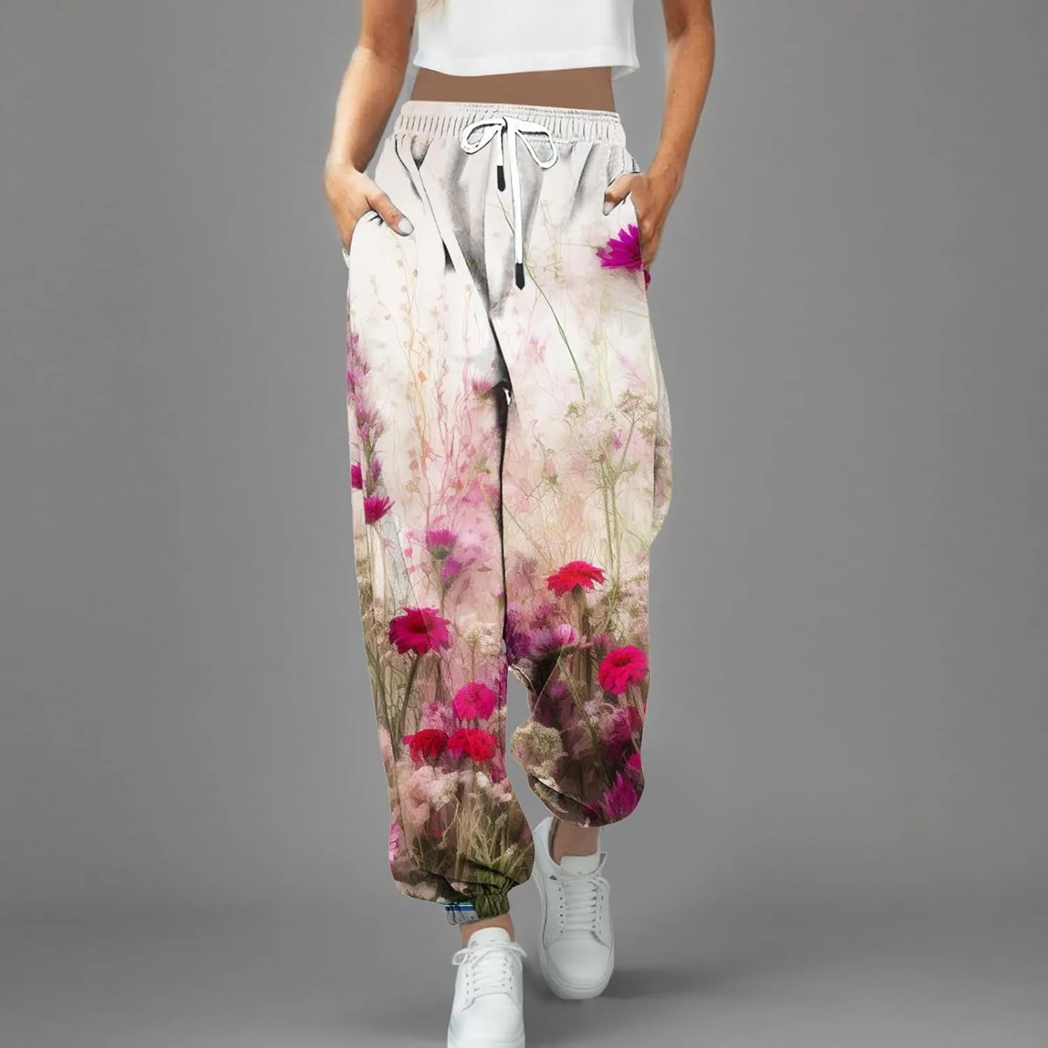 cooki Sweatpants Women Baggy Cinch Bottom Drawstring Elastic Waist Pants Athletic Joggers Mid Waist Print Black Sweatpants