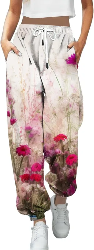 cooki Sweatpants Women Baggy Cinch Bottom Drawstring Elastic Waist Pants Athletic Joggers Mid Waist Print Black Sweatpants