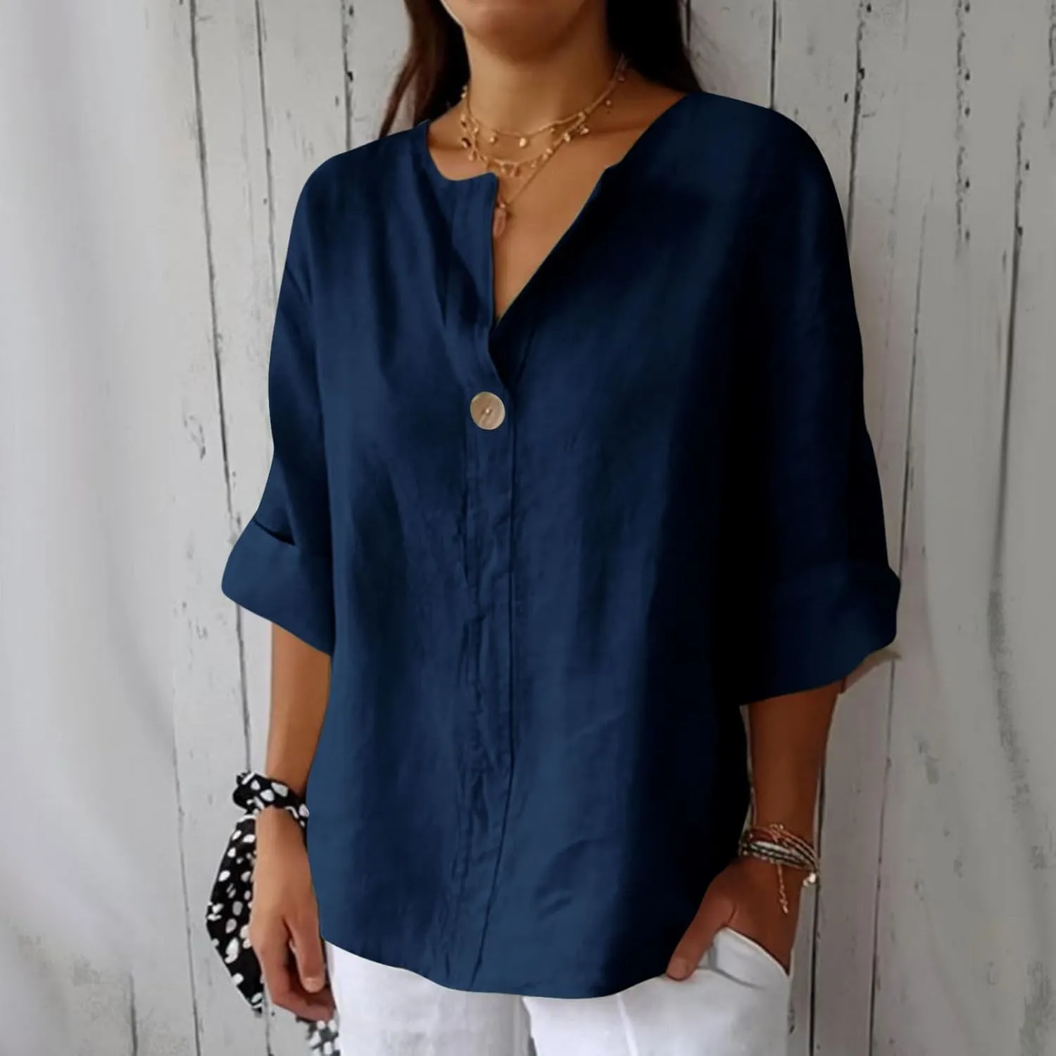 Cotton Linen T Shirt for Women Plus Size Button Up Fashion Casual Blouse Top 3/4 Sleeve 2025 Summer Boho Tunic Shirts