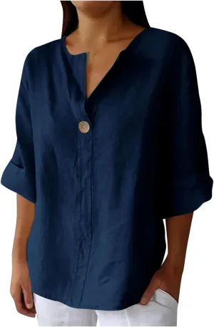 Cotton Linen T Shirt for Women Plus Size Button Up Fashion Casual Blouse Top 3/4 Sleeve 2025 Summer Boho Tunic Shirts