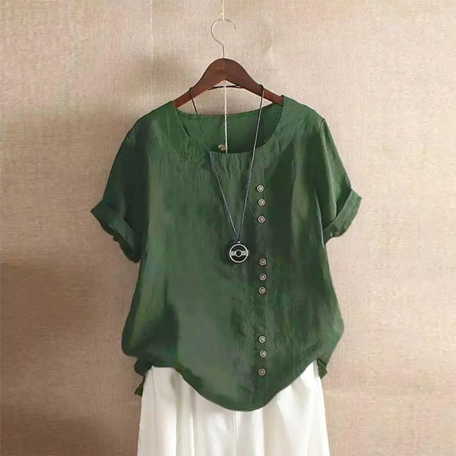 Cotton Linen Tops for Women Short Sleeve Round Neck T Shirts Oversized Embroidery Floral Printed Loose Blouses S-5XL