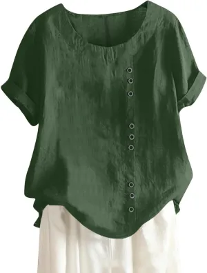 Cotton Linen Tops for Women Short Sleeve Round Neck T Shirts Oversized Embroidery Floral Printed Loose Blouses S-5XL