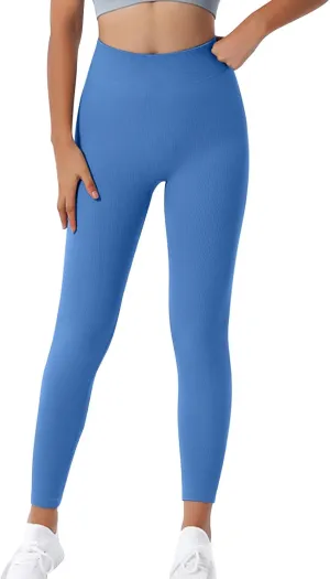 DASAYO Women's Gym Leggings Tummy Control Stretchy High Waisted Ribbed Yoga Pants Full Length Exercise Workout Bottoms