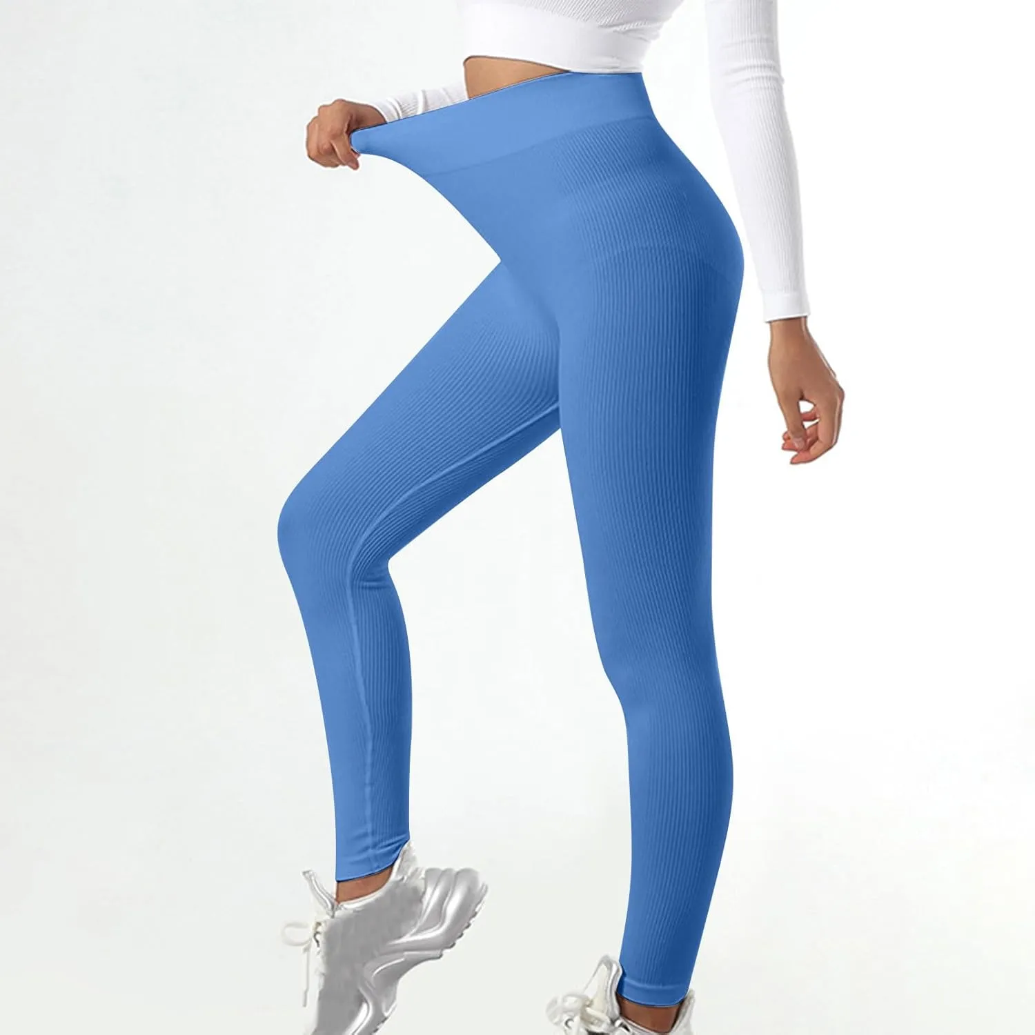DASAYO Women's Gym Leggings Tummy Control Stretchy High Waisted Ribbed Yoga Pants Full Length Exercise Workout Bottoms