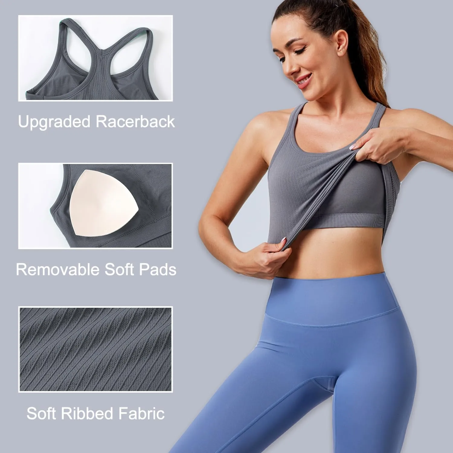 Evercute Women's 1/2/3 Pack Ribbed Workout Tank Tops with Built in Bra Racerback Seamless Crop Tank Tops Camisole Sport Tanks