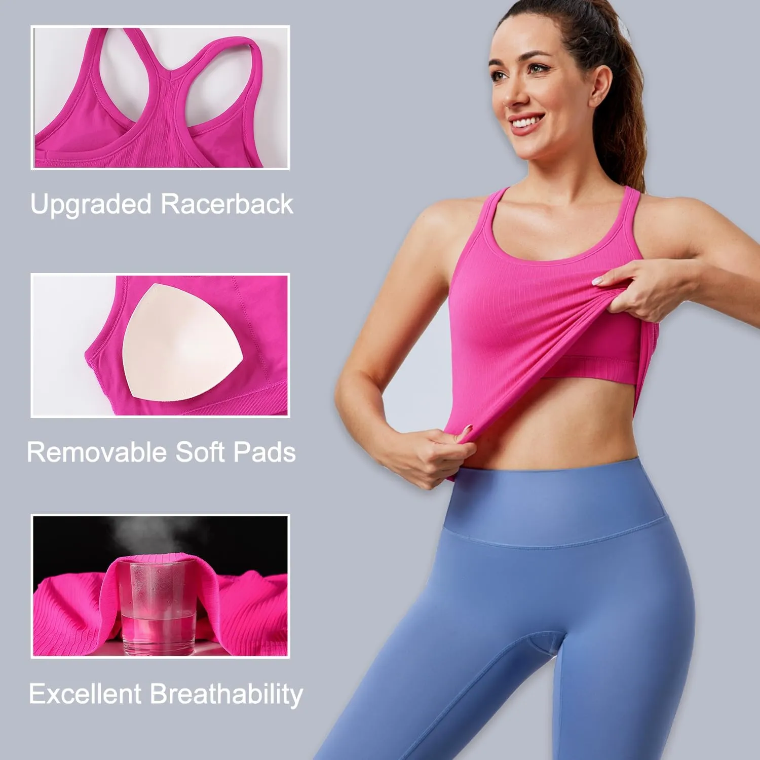 Evercute Women's 1/2/3 Pack Ribbed Workout Tank Tops with Built in Bra Racerback Seamless Crop Tank Tops Camisole Sport Tanks