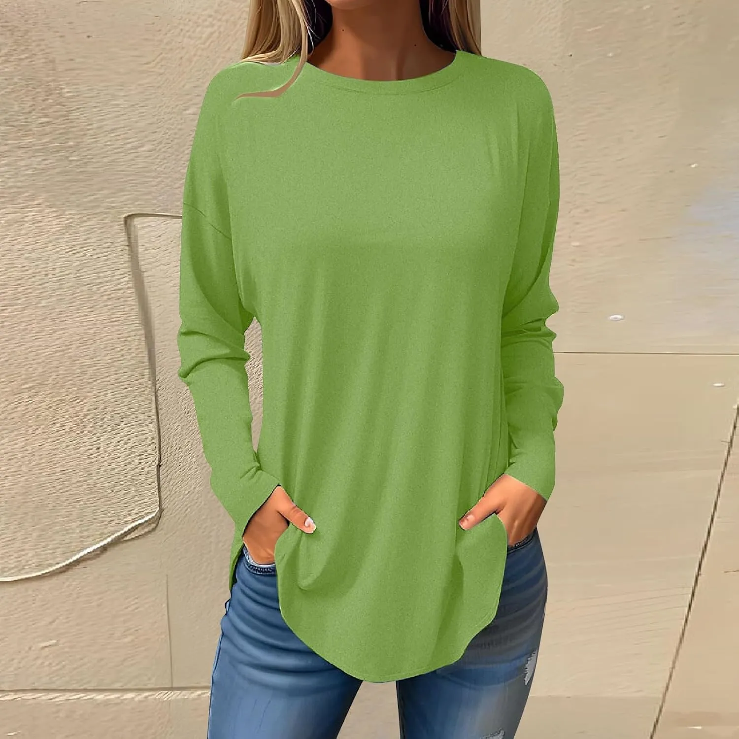 Fall Outfits for Women Solid Long Sleeve Outfits Round Neck Hide Belly Pullover Tops Casual Loose T Shirt