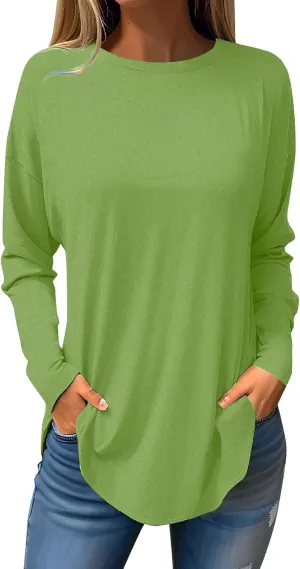 Fall Outfits for Women Solid Long Sleeve Outfits Round Neck Hide Belly Pullover Tops Casual Loose T Shirt