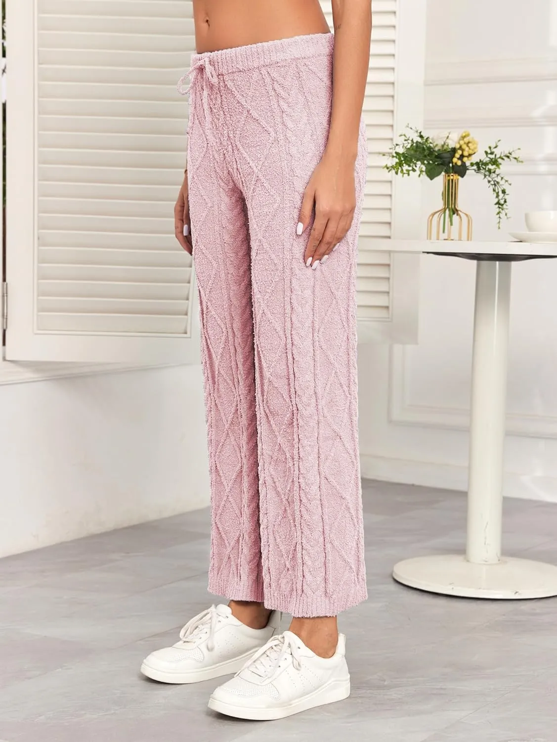 Famulily Womens Cable Knit Chenille Long Pants Casual Drawstring Wide Leg Pants Fleece Warm Pajamas Pants