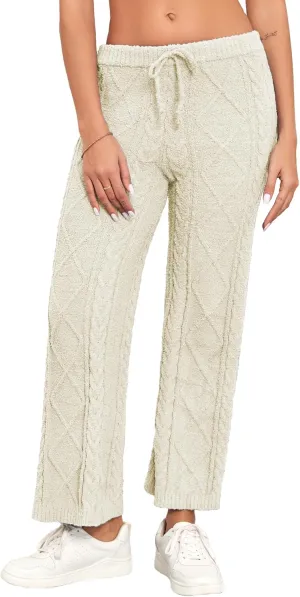 Famulily Womens Cable Knit Chenille Long Pants Casual Drawstring Wide Leg Pants Fleece Warm Pajamas Pants