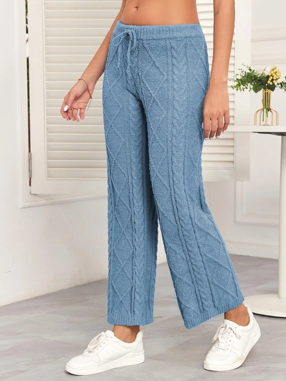 Famulily Womens Cable Knit Chenille Long Pants Casual Drawstring Wide Leg Pants Fleece Warm Pajamas Pants