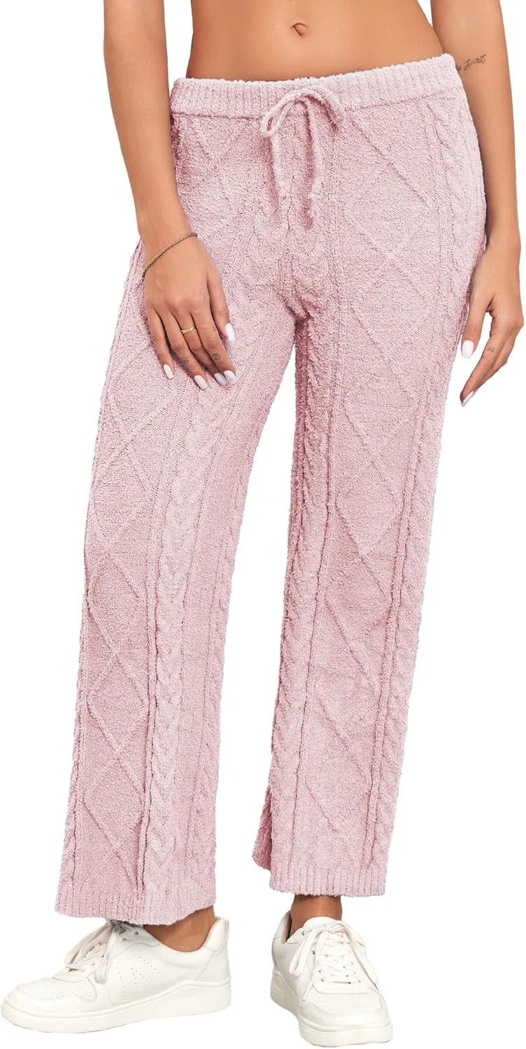 Famulily Womens Cable Knit Chenille Long Pants Casual Drawstring Wide Leg Pants Fleece Warm Pajamas Pants