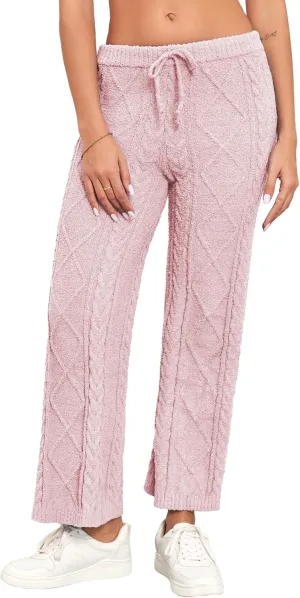 Famulily Womens Cable Knit Chenille Long Pants Casual Drawstring Wide Leg Pants Fleece Warm Pajamas Pants