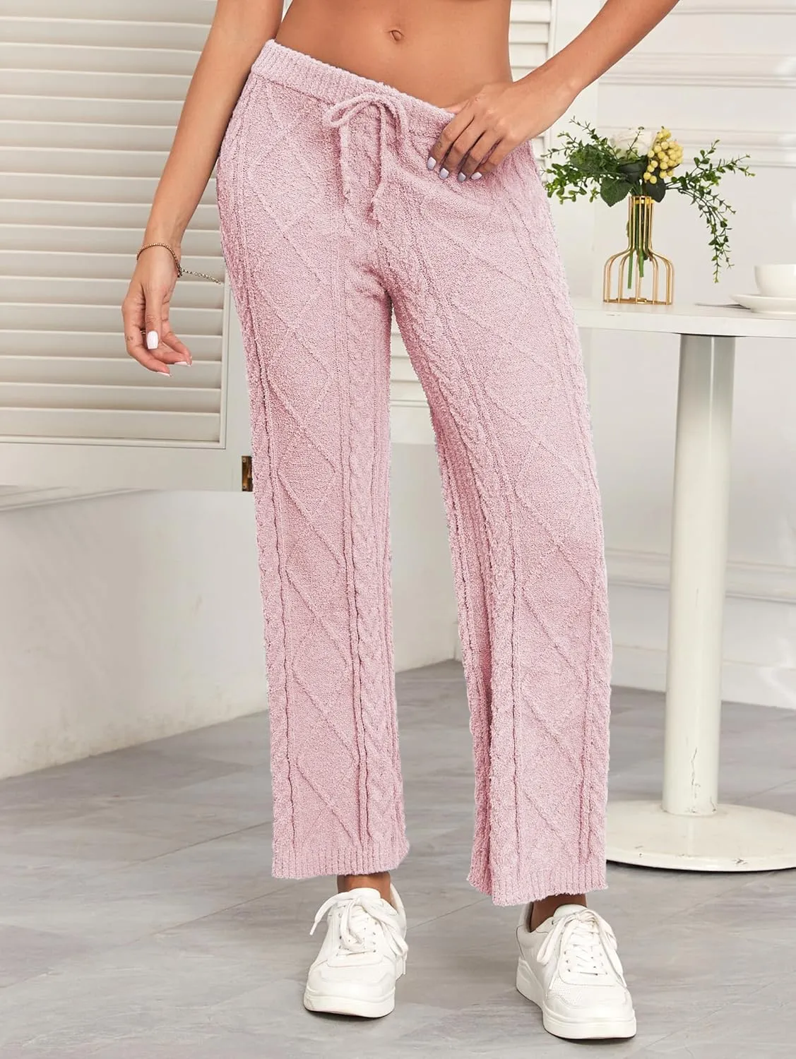 Famulily Womens Cable Knit Chenille Long Pants Casual Drawstring Wide Leg Pants Fleece Warm Pajamas Pants