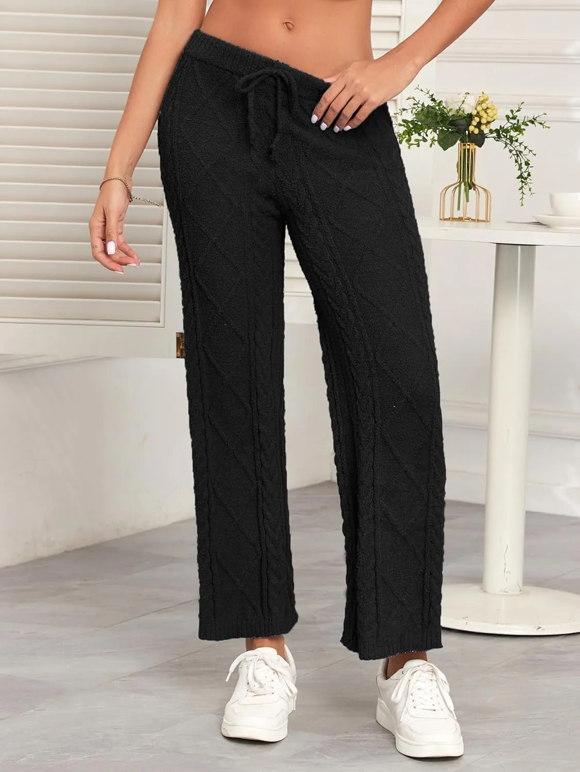 Famulily Womens Cable Knit Chenille Long Pants Casual Drawstring Wide Leg Pants Fleece Warm Pajamas Pants