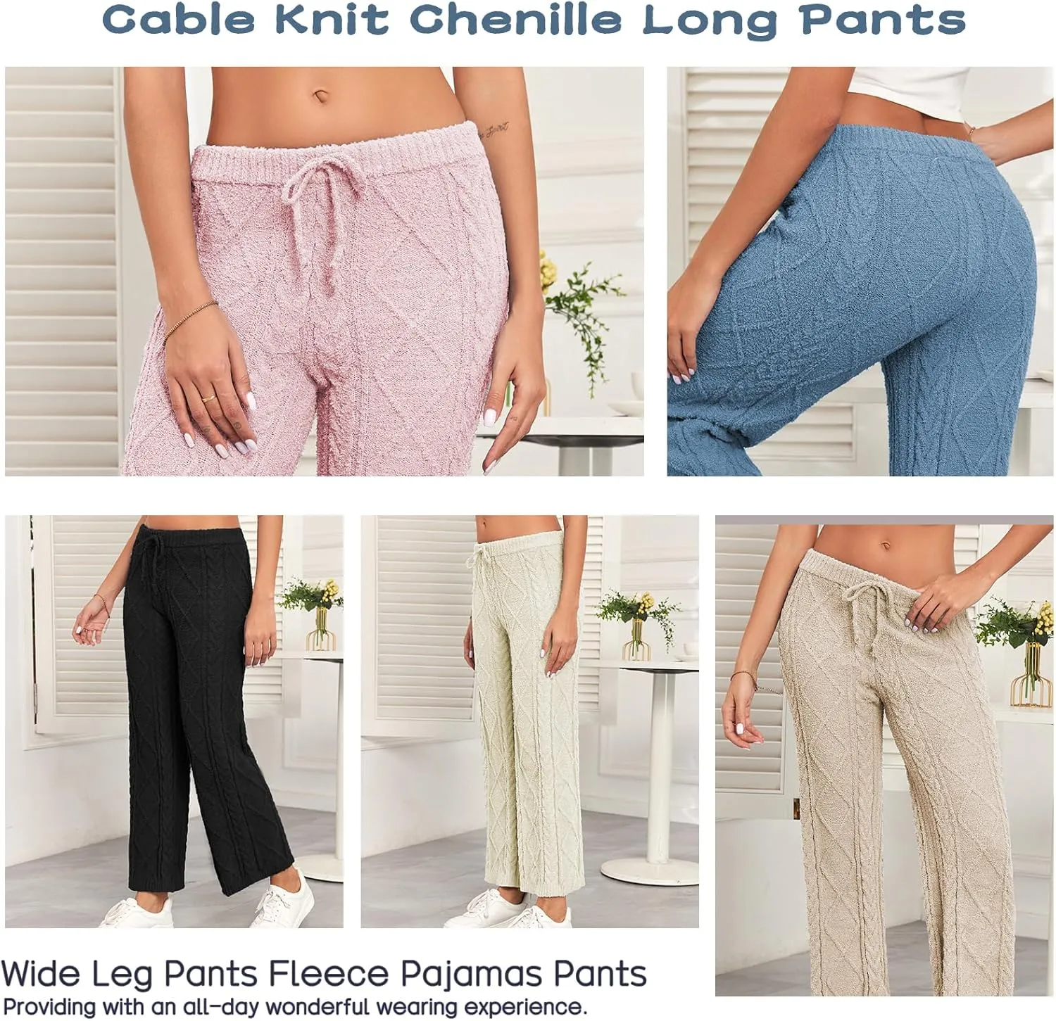 Famulily Womens Cable Knit Chenille Long Pants Casual Drawstring Wide Leg Pants Fleece Warm Pajamas Pants