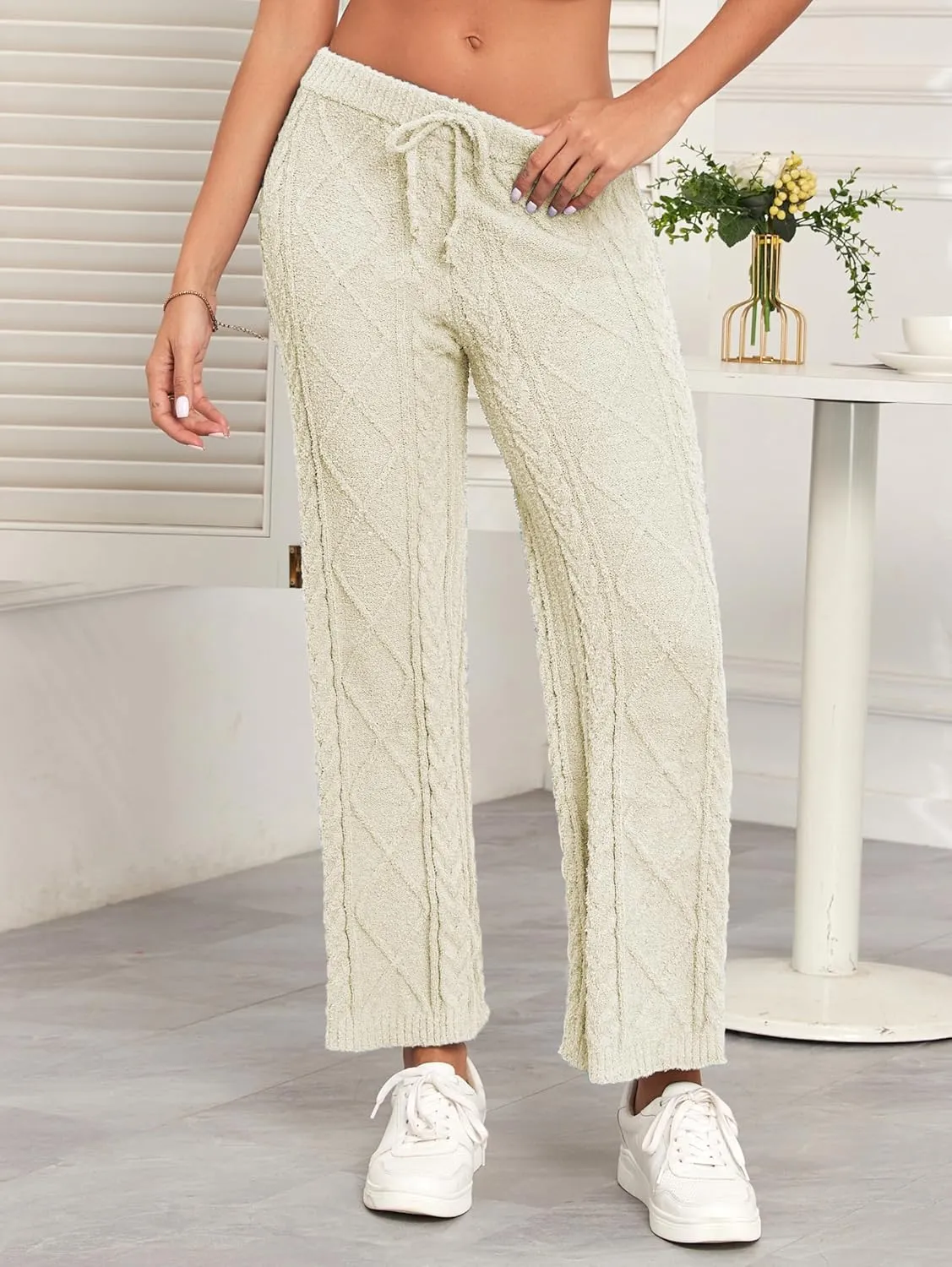 Famulily Womens Cable Knit Chenille Long Pants Casual Drawstring Wide Leg Pants Fleece Warm Pajamas Pants