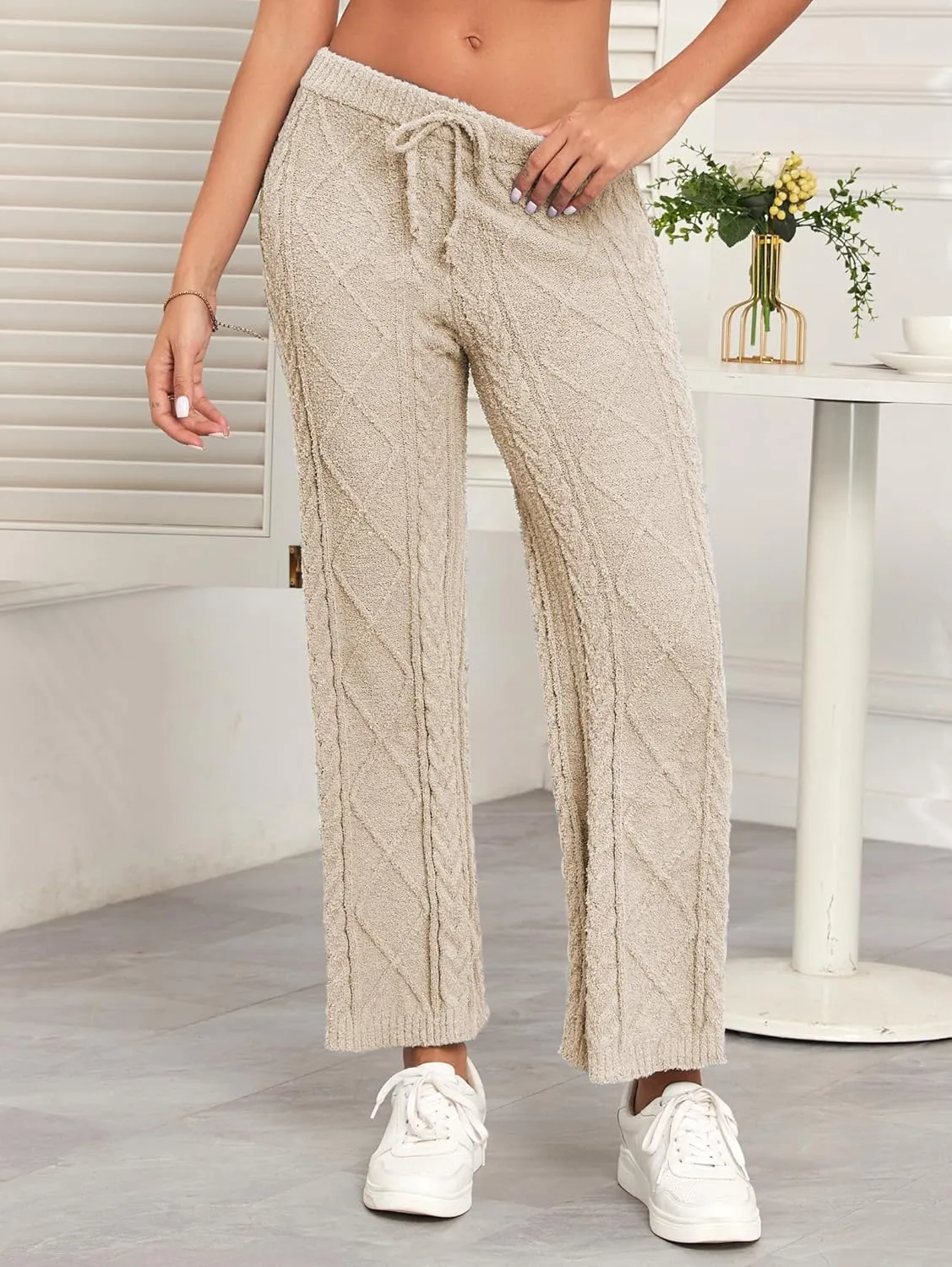 Famulily Womens Cable Knit Chenille Long Pants Casual Drawstring Wide Leg Pants Fleece Warm Pajamas Pants