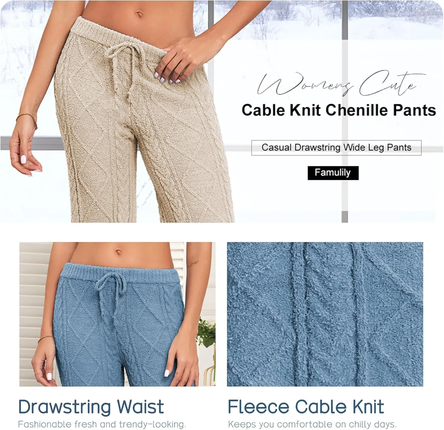 Famulily Womens Cable Knit Chenille Long Pants Casual Drawstring Wide Leg Pants Fleece Warm Pajamas Pants
