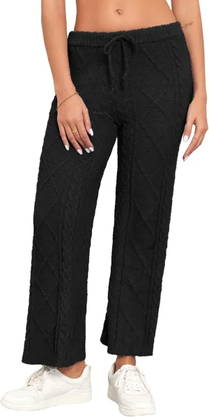 Famulily Womens Cable Knit Chenille Long Pants Casual Drawstring Wide Leg Pants Fleece Warm Pajamas Pants