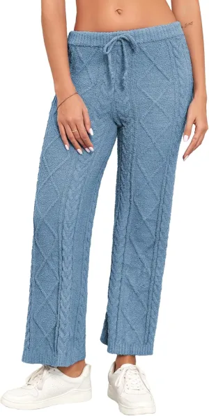 Famulily Womens Cable Knit Chenille Long Pants Casual Drawstring Wide Leg Pants Fleece Warm Pajamas Pants