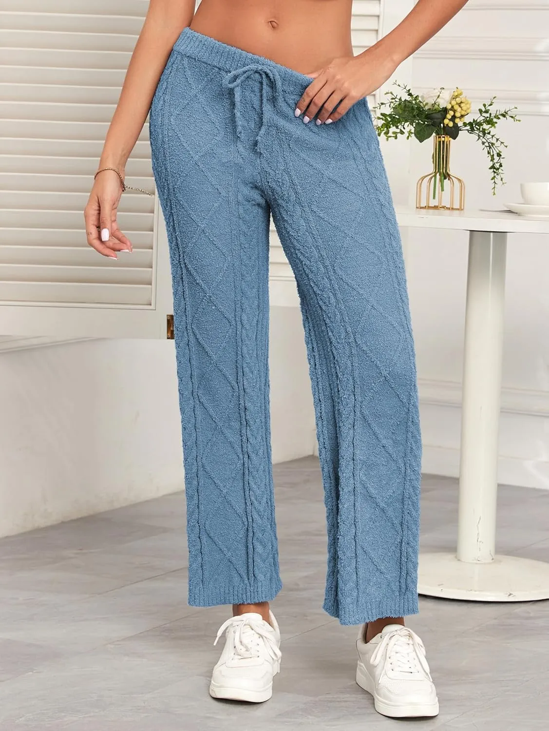 Famulily Womens Cable Knit Chenille Long Pants Casual Drawstring Wide Leg Pants Fleece Warm Pajamas Pants