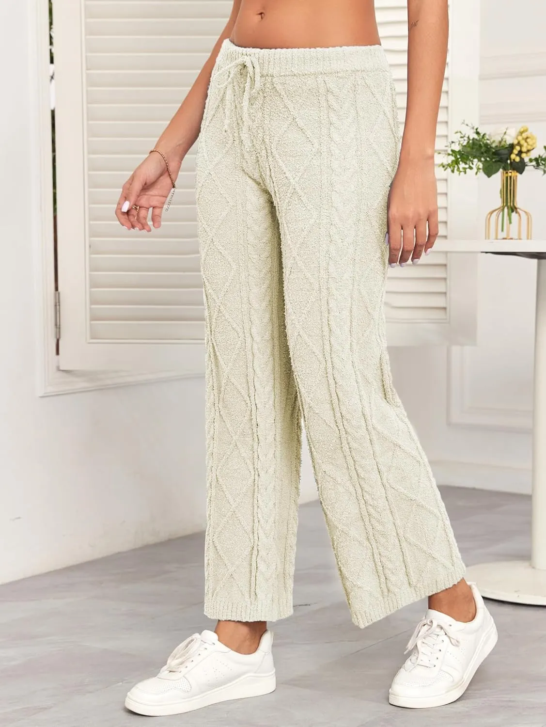 Famulily Womens Cable Knit Chenille Long Pants Casual Drawstring Wide Leg Pants Fleece Warm Pajamas Pants