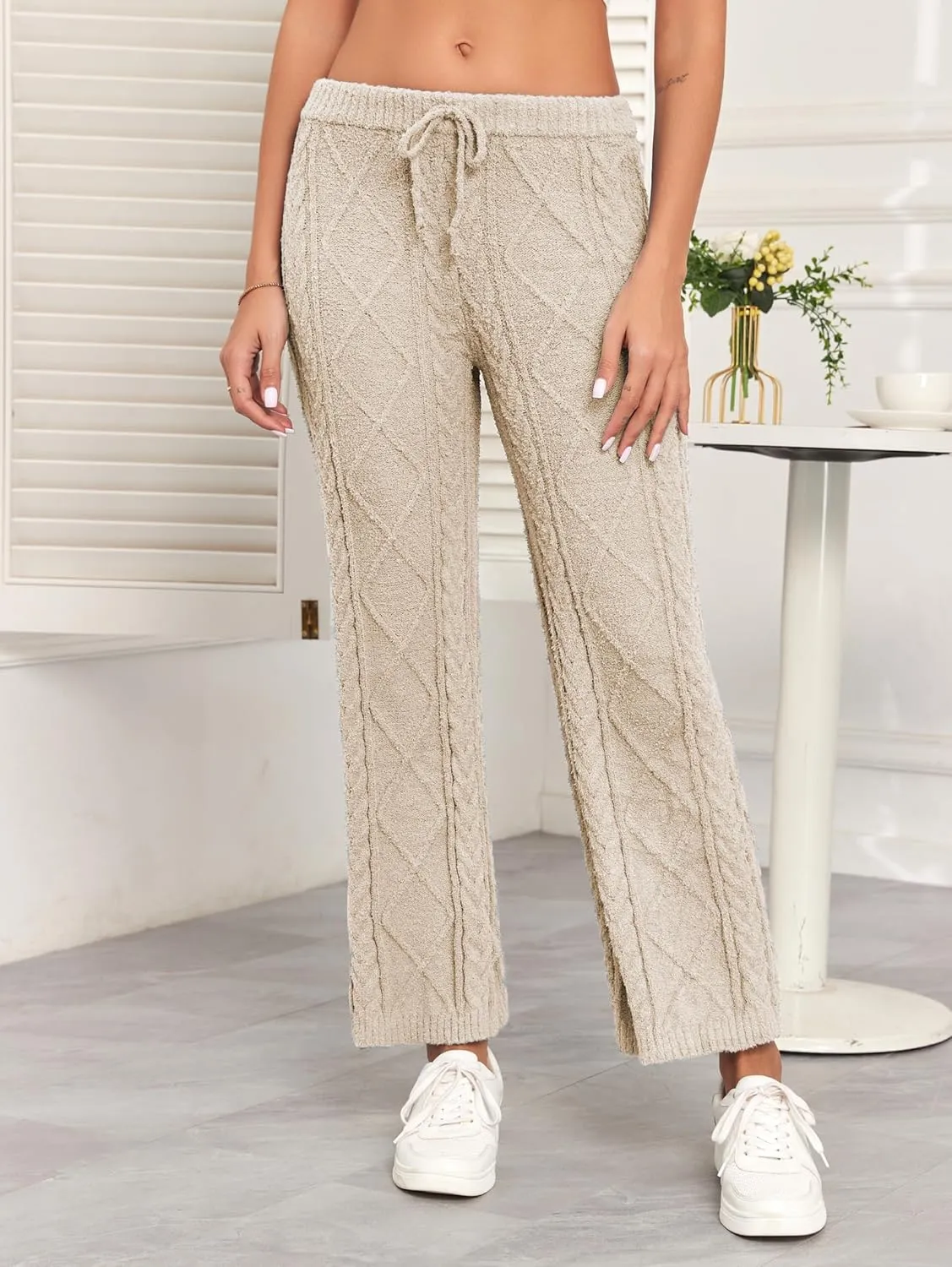 Famulily Womens Cable Knit Chenille Long Pants Casual Drawstring Wide Leg Pants Fleece Warm Pajamas Pants