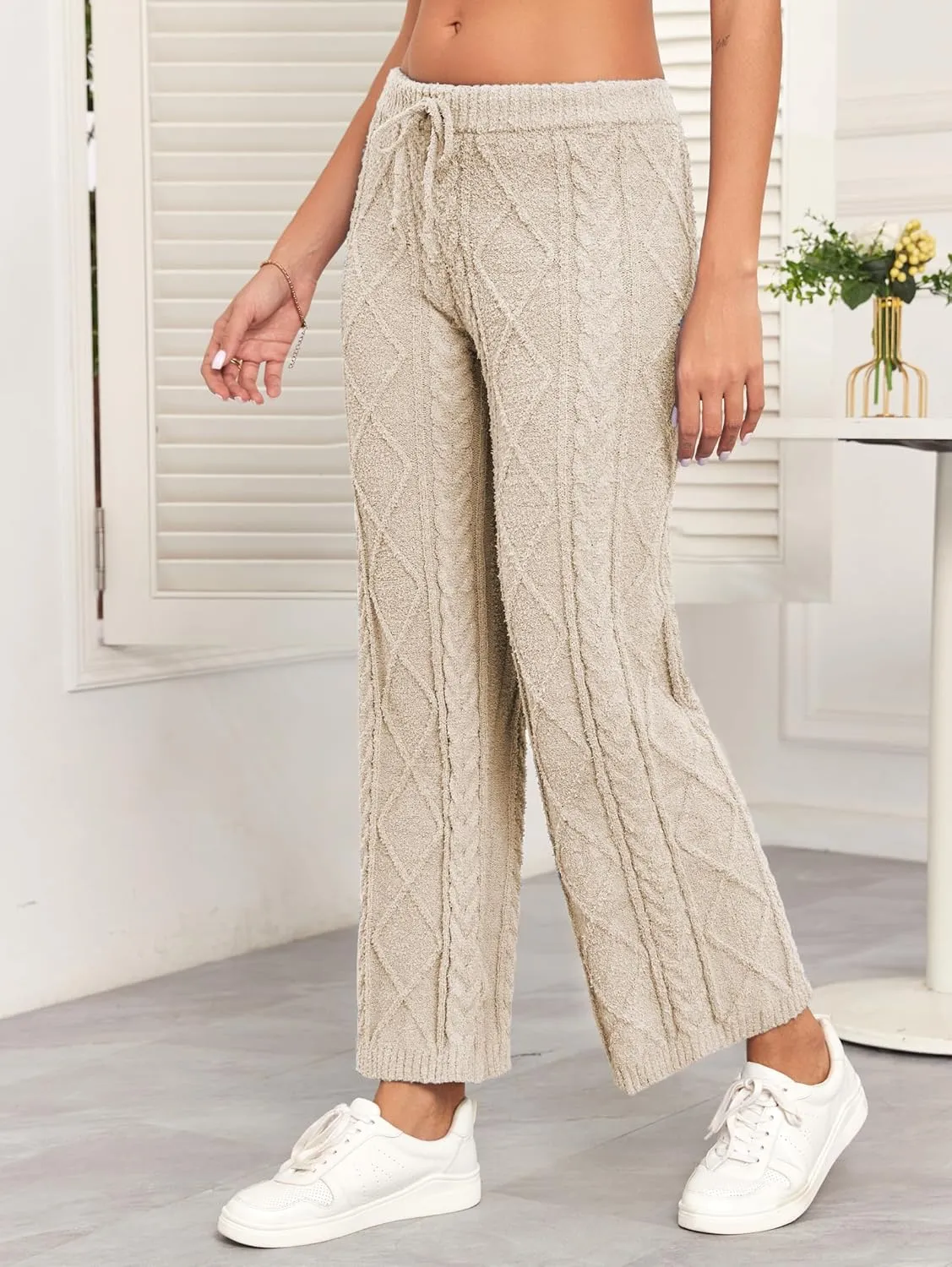 Famulily Womens Cable Knit Chenille Long Pants Casual Drawstring Wide Leg Pants Fleece Warm Pajamas Pants