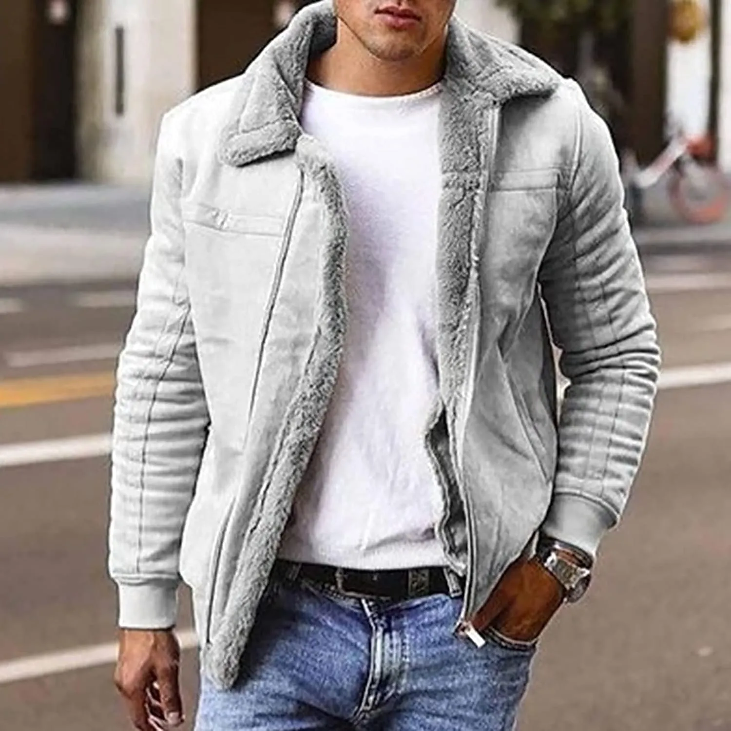 Faux Leather Bomber Jacket Men Sherpa Fleece Lined Coat Sheepskin Jackets Shearling Fur Winter Coats for Men