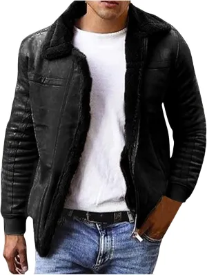 Faux Leather Bomber Jacket Men Sherpa Fleece Lined Coat Sheepskin Jackets Shearling Fur Winter Coats for Men