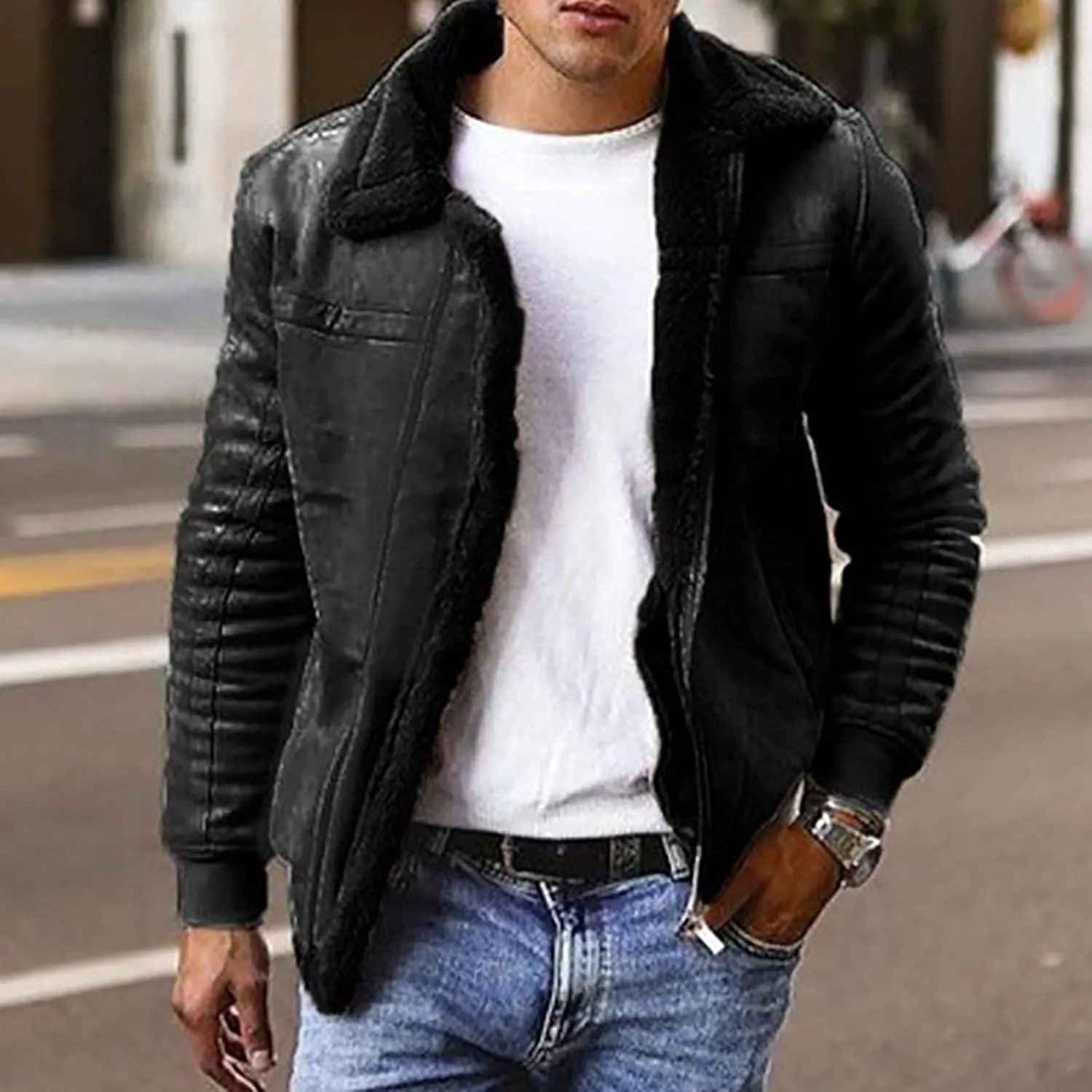Faux Leather Bomber Jacket Men Sherpa Fleece Lined Coat Sheepskin Jackets Shearling Fur Winter Coats for Men