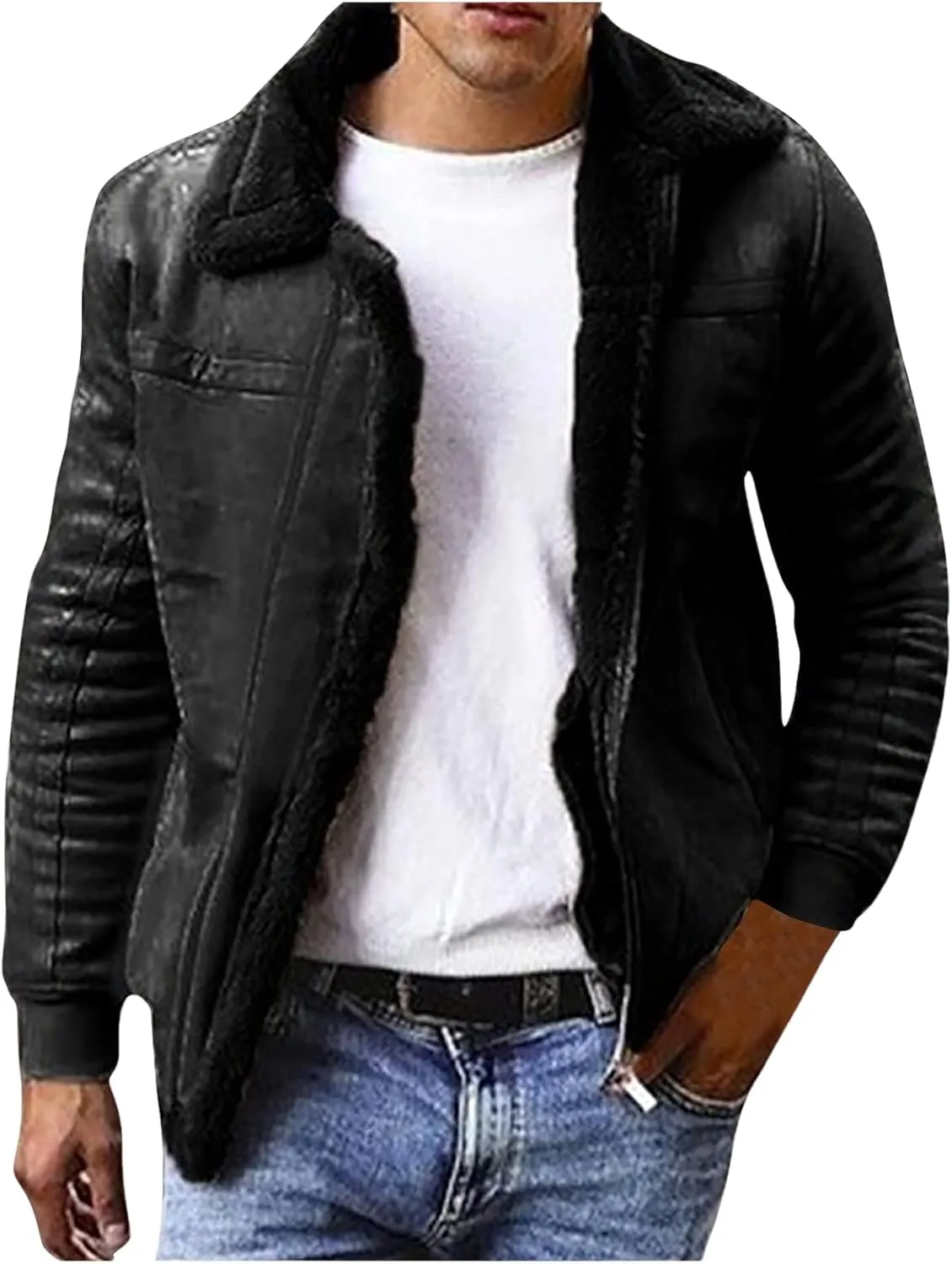 Faux Leather Bomber Jacket Men Sherpa Fleece Lined Coat Sheepskin Jackets Shearling Fur Winter Coats for Men