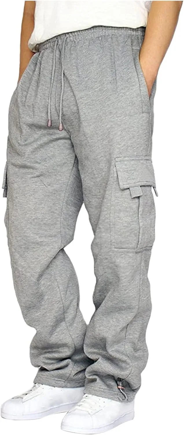 Finelylove Men's Heavyweight Fleece Cargo Sweatpants Open Bottom Loose Fit Sweat Pants Workout Cargo Pants Joggers