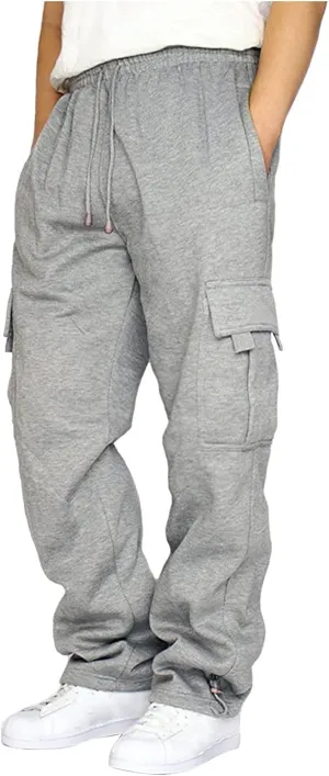 Finelylove Men's Heavyweight Fleece Cargo Sweatpants Open Bottom Loose Fit Sweat Pants Workout Cargo Pants Joggers