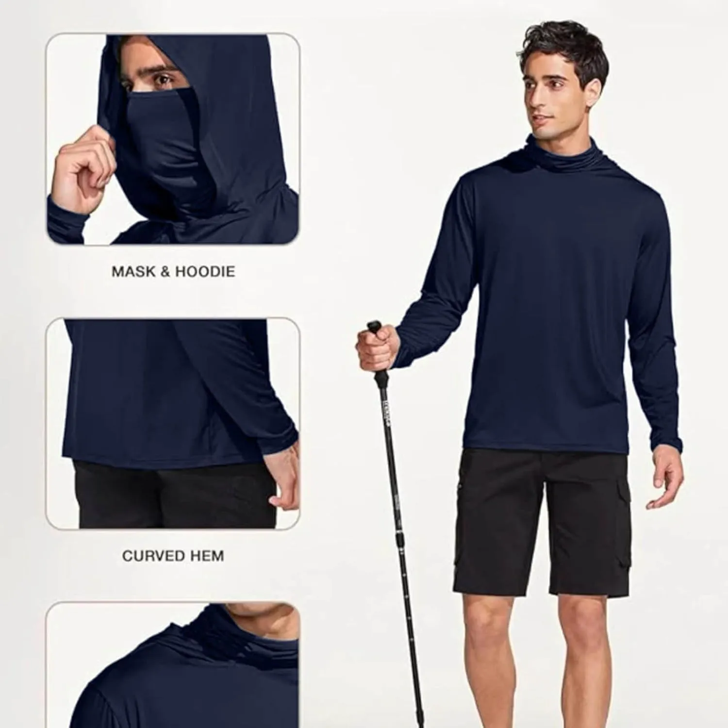 Fishing Shirt for Men UPF 50  UV Sun Shirts Outdoor Fishing Hoodie with Gaiter Long Sleeve Hiking Shirts Rash Guards