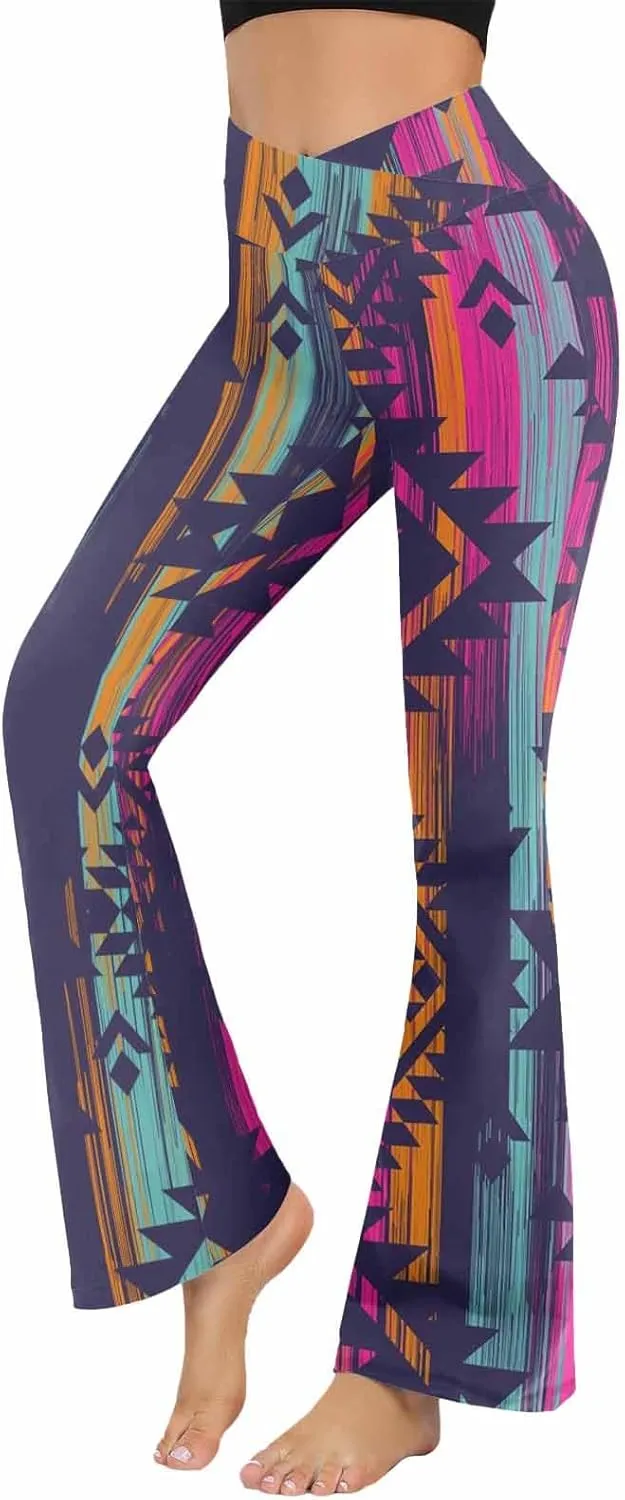 Flair Leggings Abstract Geometric Art Printing Crossover High Waisted Bootcut Yoga Leggings-Flare Workout Gym Leggings