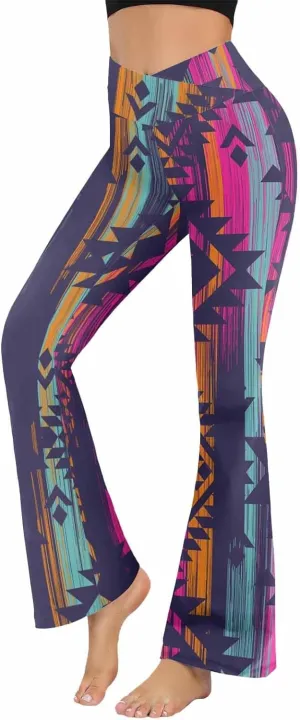Flair Leggings Abstract Geometric Art Printing Crossover High Waisted Bootcut Yoga Leggings-Flare Workout Gym Leggings