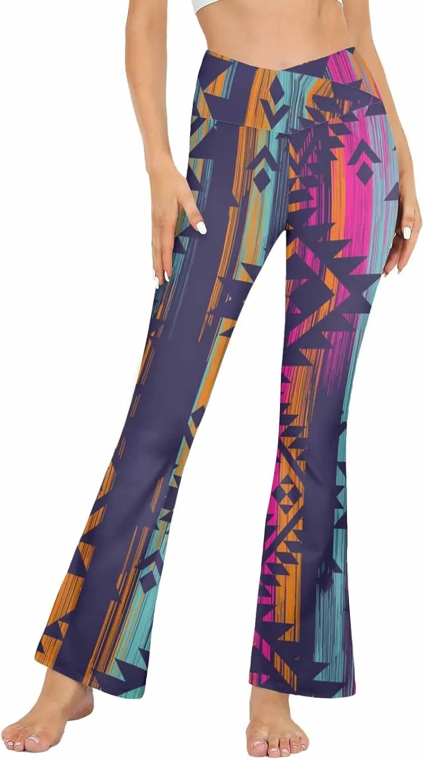 Flair Leggings Abstract Geometric Art Printing Crossover High Waisted Bootcut Yoga Leggings-Flare Workout Gym Leggings
