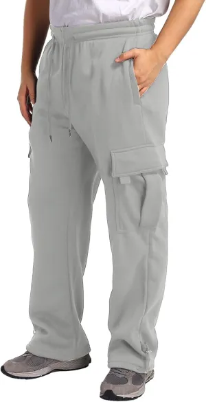 Fleece Cargo Sweatpants for Men Big and Tall Loose Fit Elastic Waist Casual Pants Lightweight Comfy Drawstring Athletic Pants