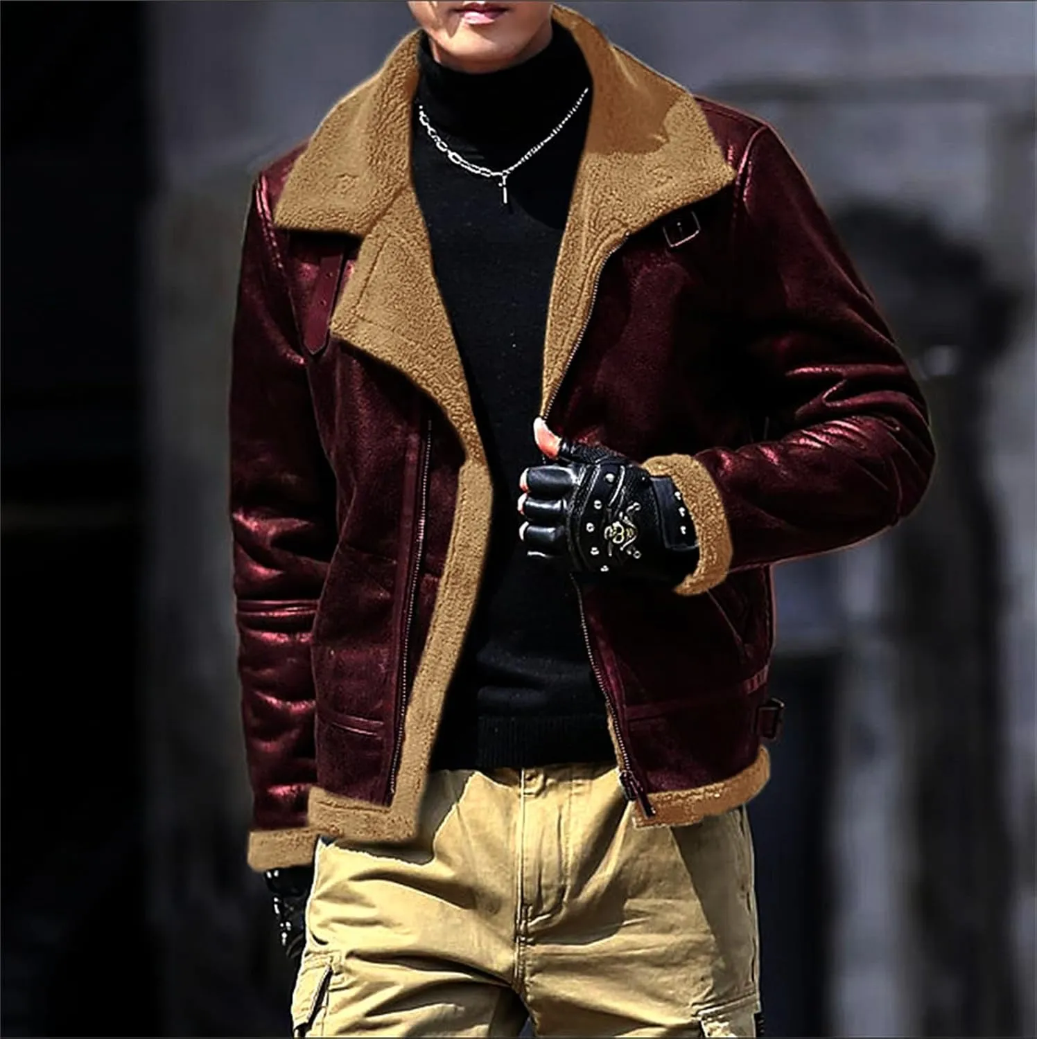 Fleece Lined Leather Jacket Men Vintage Faux Leather Suede Sherpa Coats Lapel Fur Collar Jackets Fall Winter Clothes