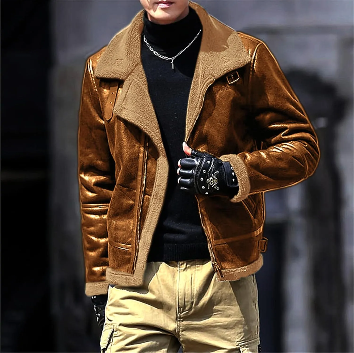 Fleece Lined Leather Jacket Men Vintage Faux Leather Suede Sherpa Coats Lapel Fur Collar Jackets Fall Winter Clothes