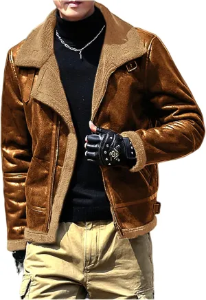 Fleece Lined Leather Jacket Men Vintage Faux Leather Suede Sherpa Coats Lapel Fur Collar Jackets Fall Winter Clothes