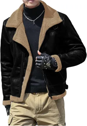 Fleece Lined Leather Jacket Men Vintage Faux Leather Suede Sherpa Coats Lapel Fur Collar Jackets Fall Winter Clothes