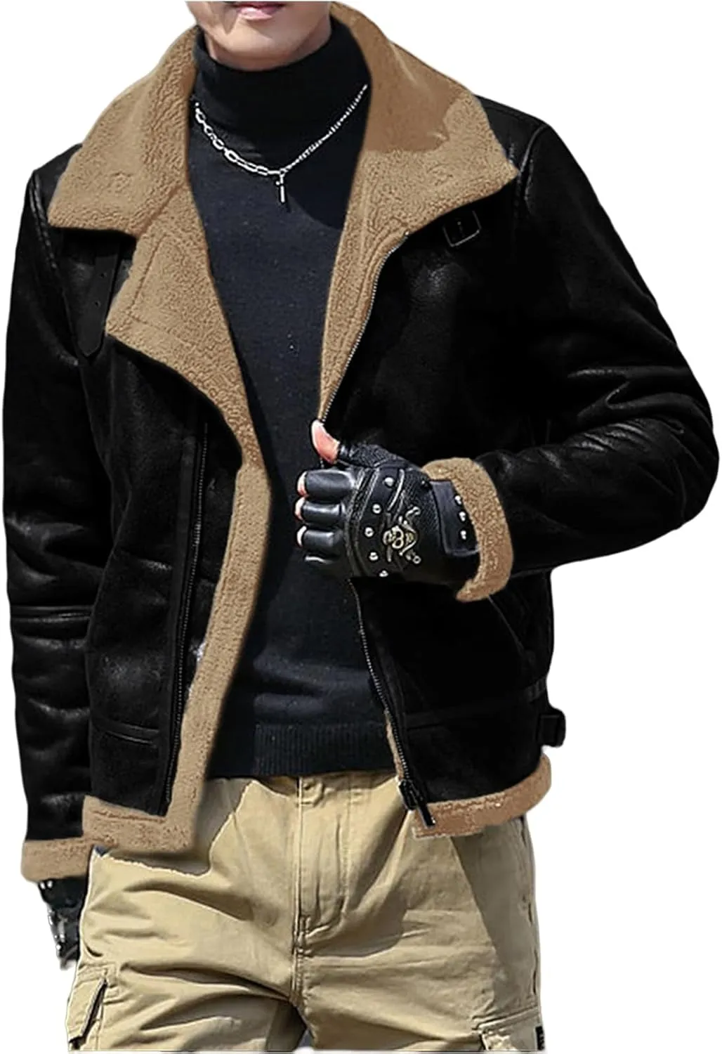 Fleece Lined Leather Jacket Men Vintage Faux Leather Suede Sherpa Coats Lapel Fur Collar Jackets Fall Winter Clothes