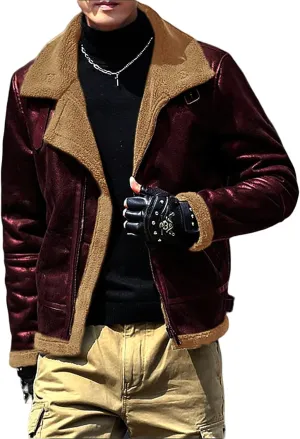 Fleece Lined Leather Jacket Men Vintage Faux Leather Suede Sherpa Coats Lapel Fur Collar Jackets Fall Winter Clothes
